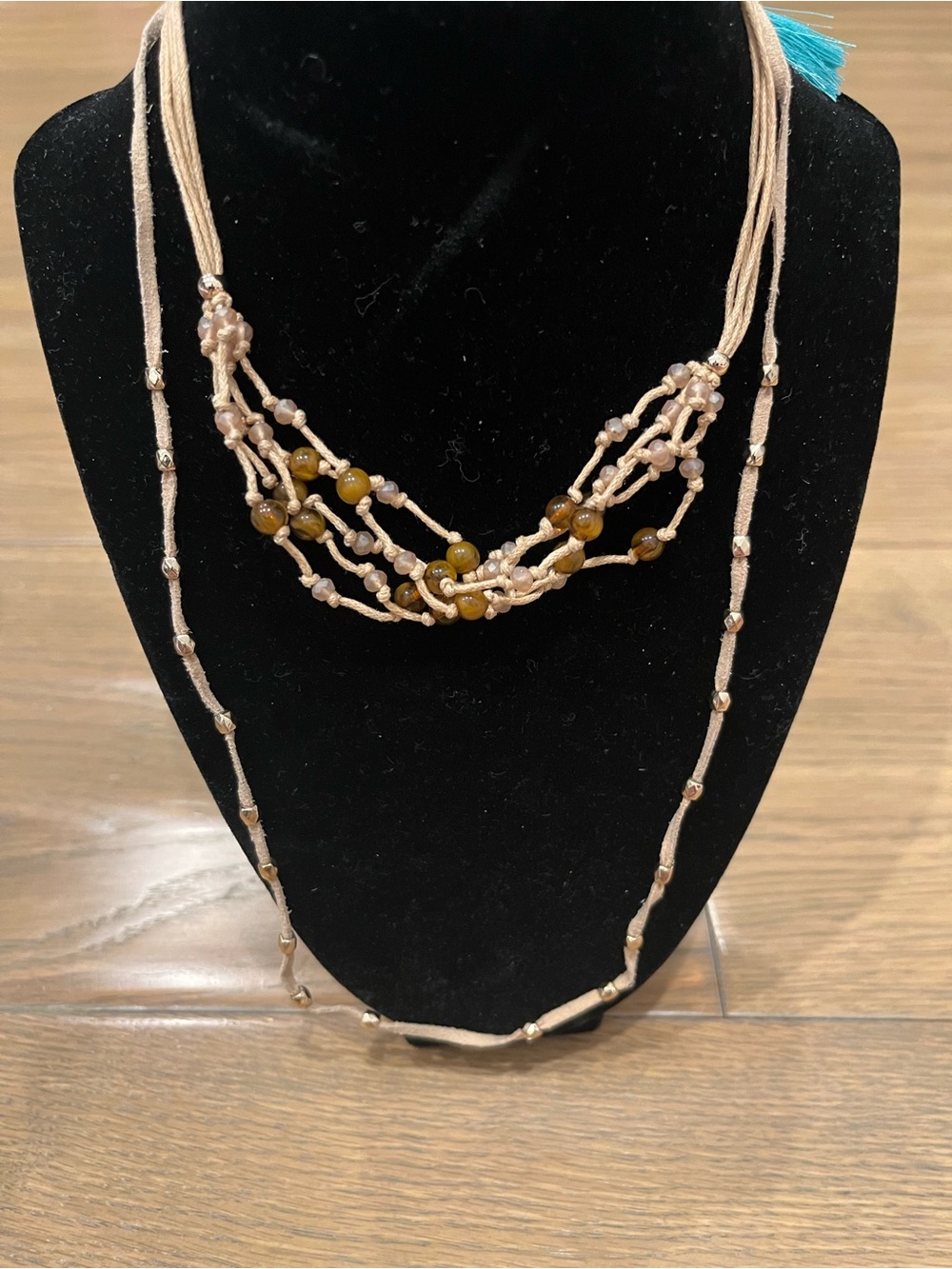 Gorjana Multi Strand Boho Corded Tassel Necklace Earthy Neutral Amber Beaded NEW